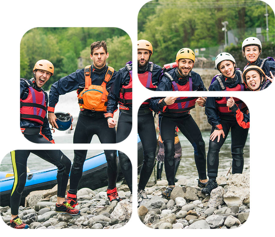 Amici durante un rafting in posa per una foto